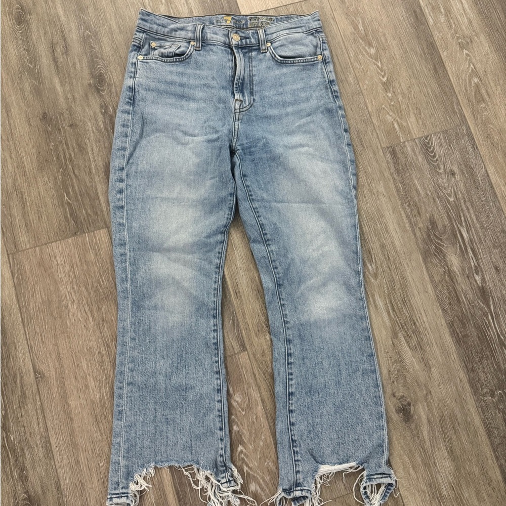 7 For All Mankind Light Blue High Rise Frayed Jeans